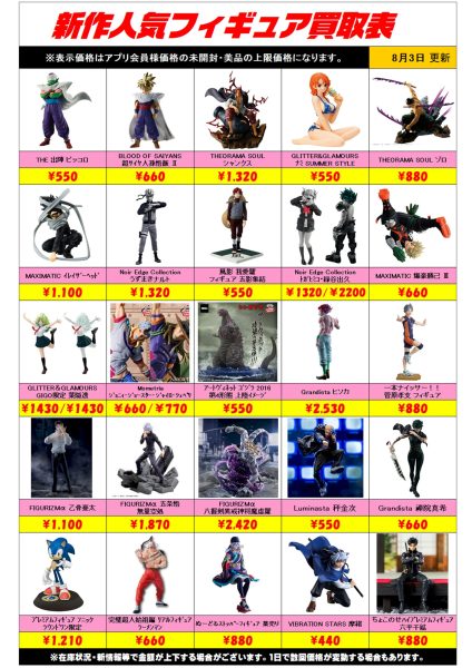 新作プライズフィギュア買取リスト更新しました！ 8/3～ - ホビー玩具