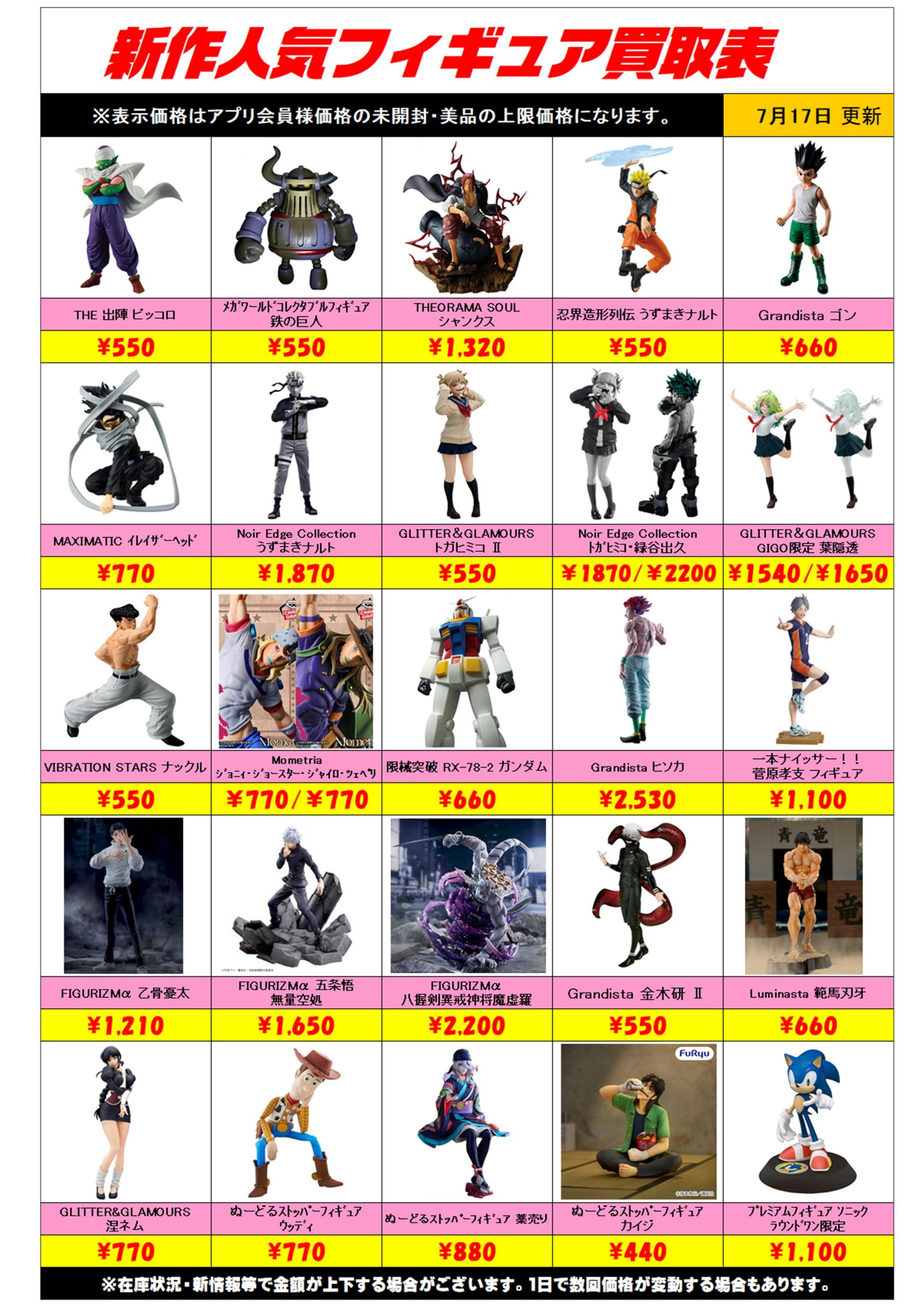 新作プライズフィギュア買取リスト更新しました！ 7/17～ - ホビー玩具